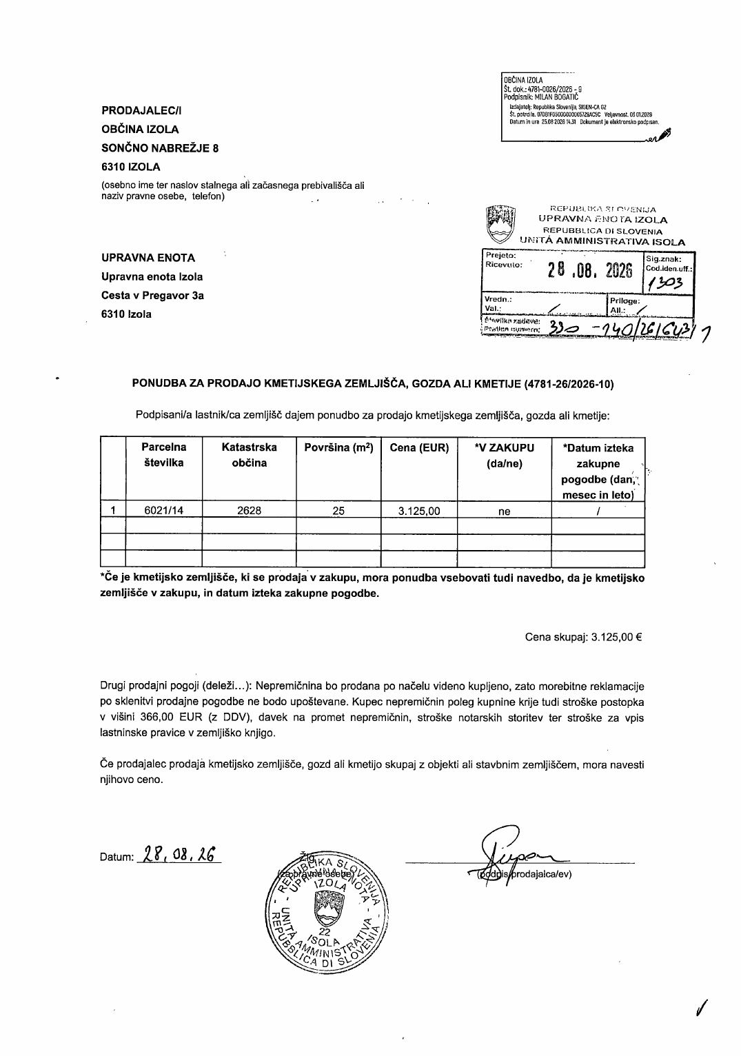 Prva stran objavljene ponudbe, kot jo je oddal prodajalec upravni enoti.