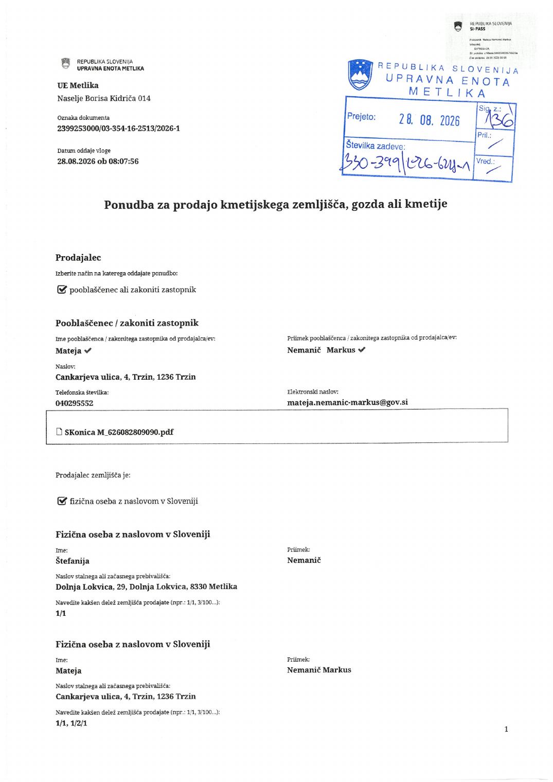 Prva stran objavljene ponudbe, kot jo je oddal prodajalec upravni enoti.