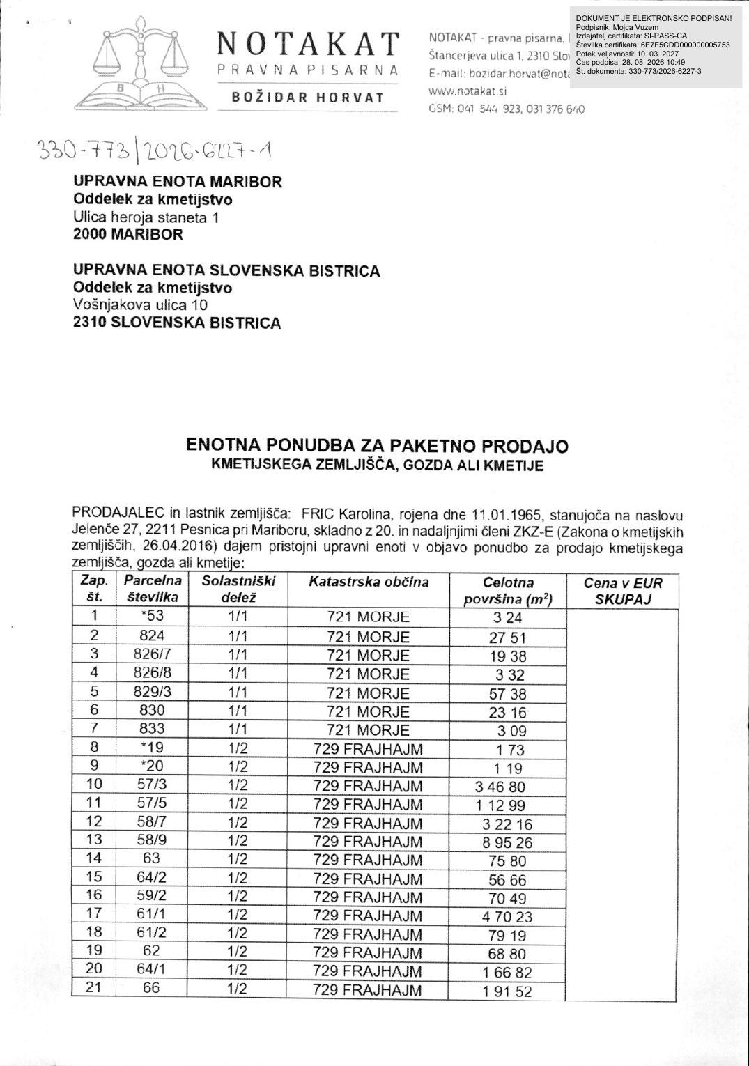 Prva stran objavljene ponudbe, kot jo je oddal prodajalec upravni enoti.