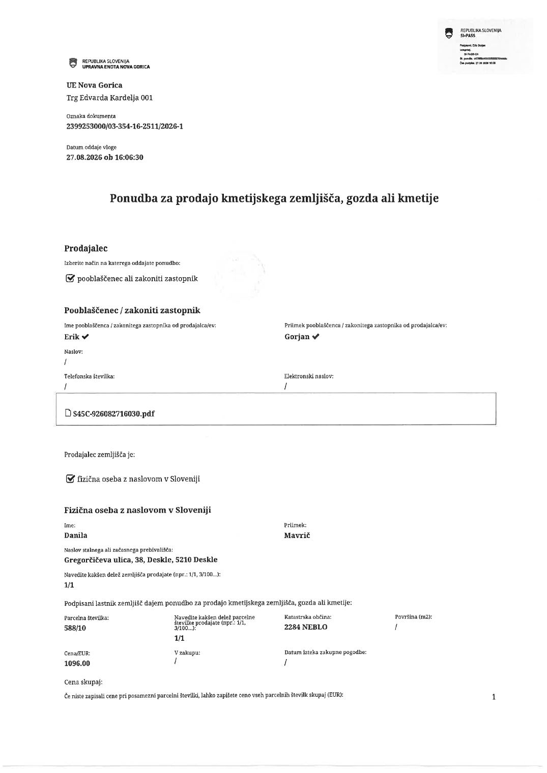 Prva stran objavljene ponudbe, kot jo je oddal prodajalec upravni enoti.