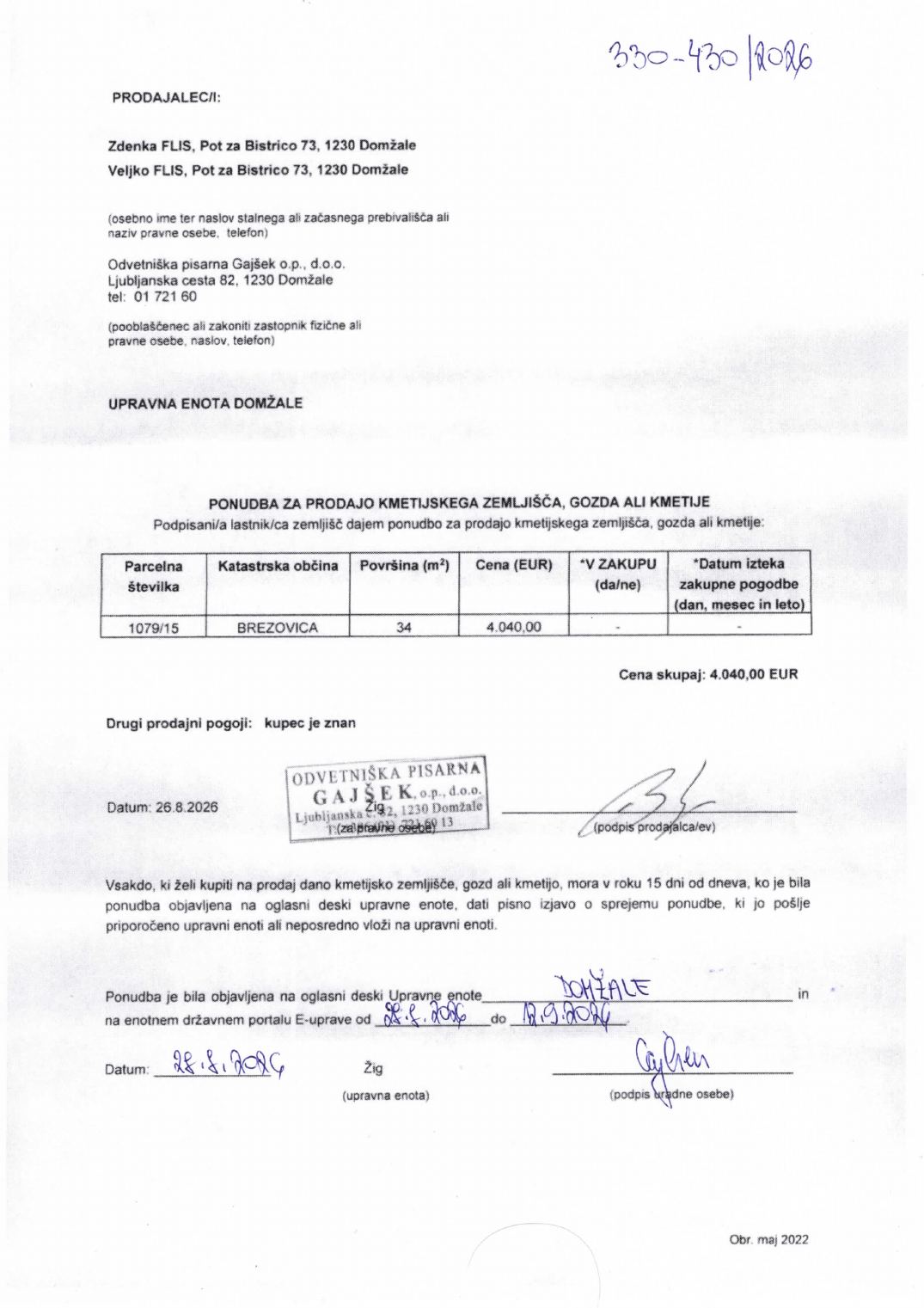 Prva stran objavljene ponudbe, kot jo je oddal prodajalec upravni enoti.