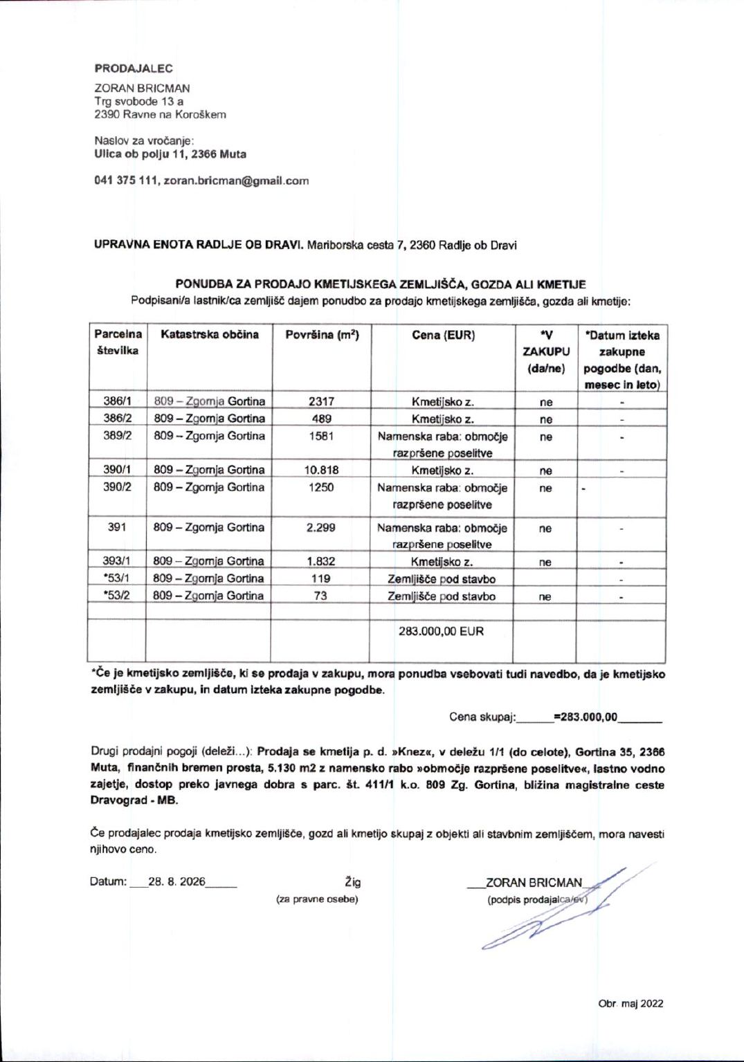 Prva stran objavljene ponudbe, kot jo je oddal prodajalec upravni enoti.