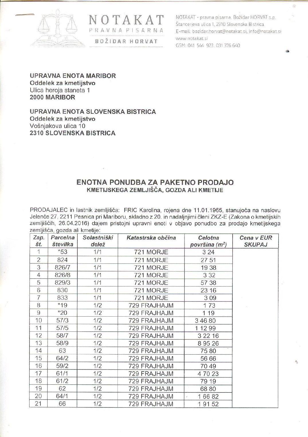Prva stran objavljene ponudbe, kot jo je oddal prodajalec upravni enoti.