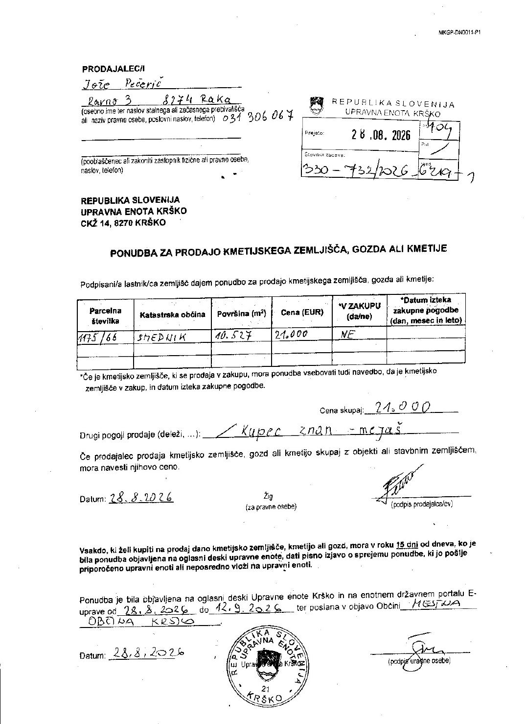Prva stran objavljene ponudbe, kot jo je oddal prodajalec upravni enoti.