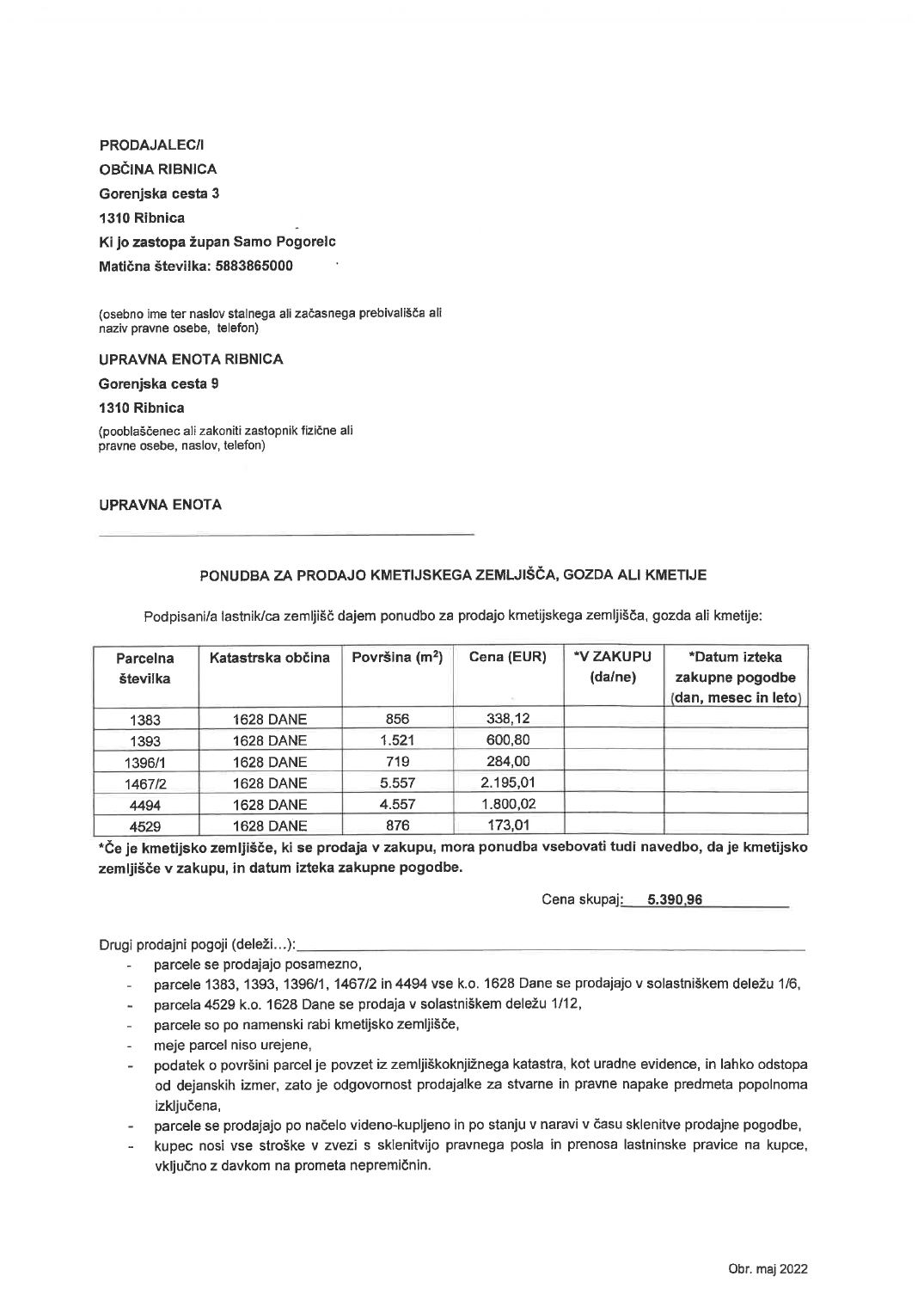 Prva stran objavljene ponudbe, kot jo je oddal prodajalec upravni enoti.