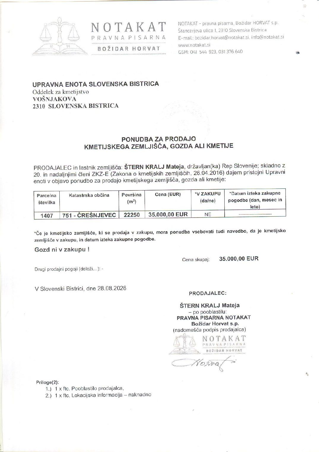 Prva stran objavljene ponudbe, kot jo je oddal prodajalec upravni enoti.