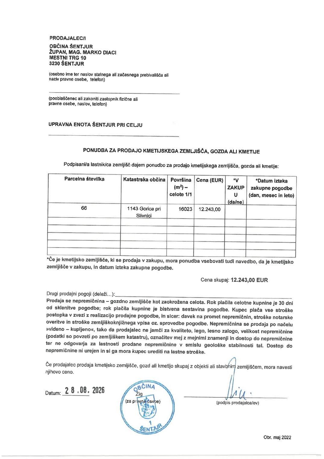 Prva stran objavljene ponudbe, kot jo je oddal prodajalec upravni enoti.