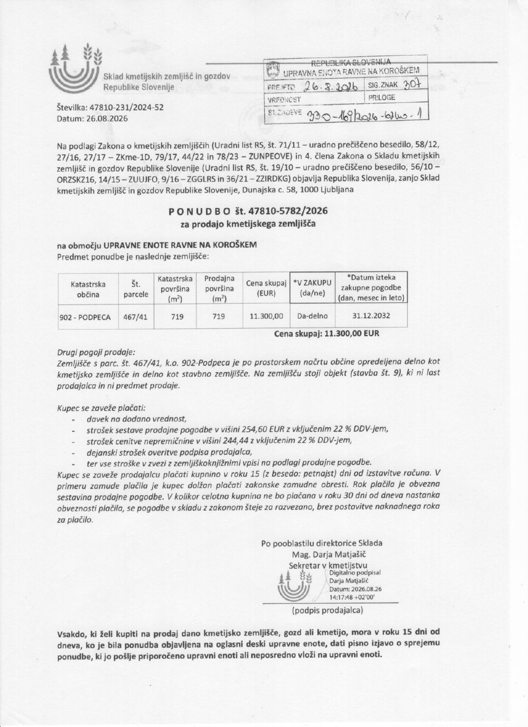 Prva stran objavljene ponudbe, kot jo je oddal prodajalec upravni enoti.
