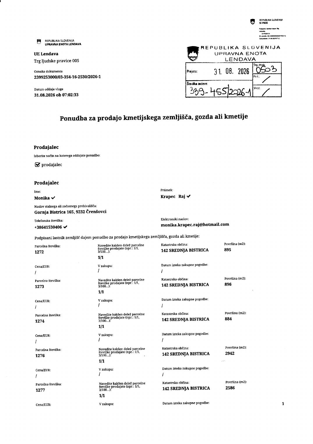 Prva stran objavljene ponudbe, kot jo je oddal prodajalec upravni enoti.