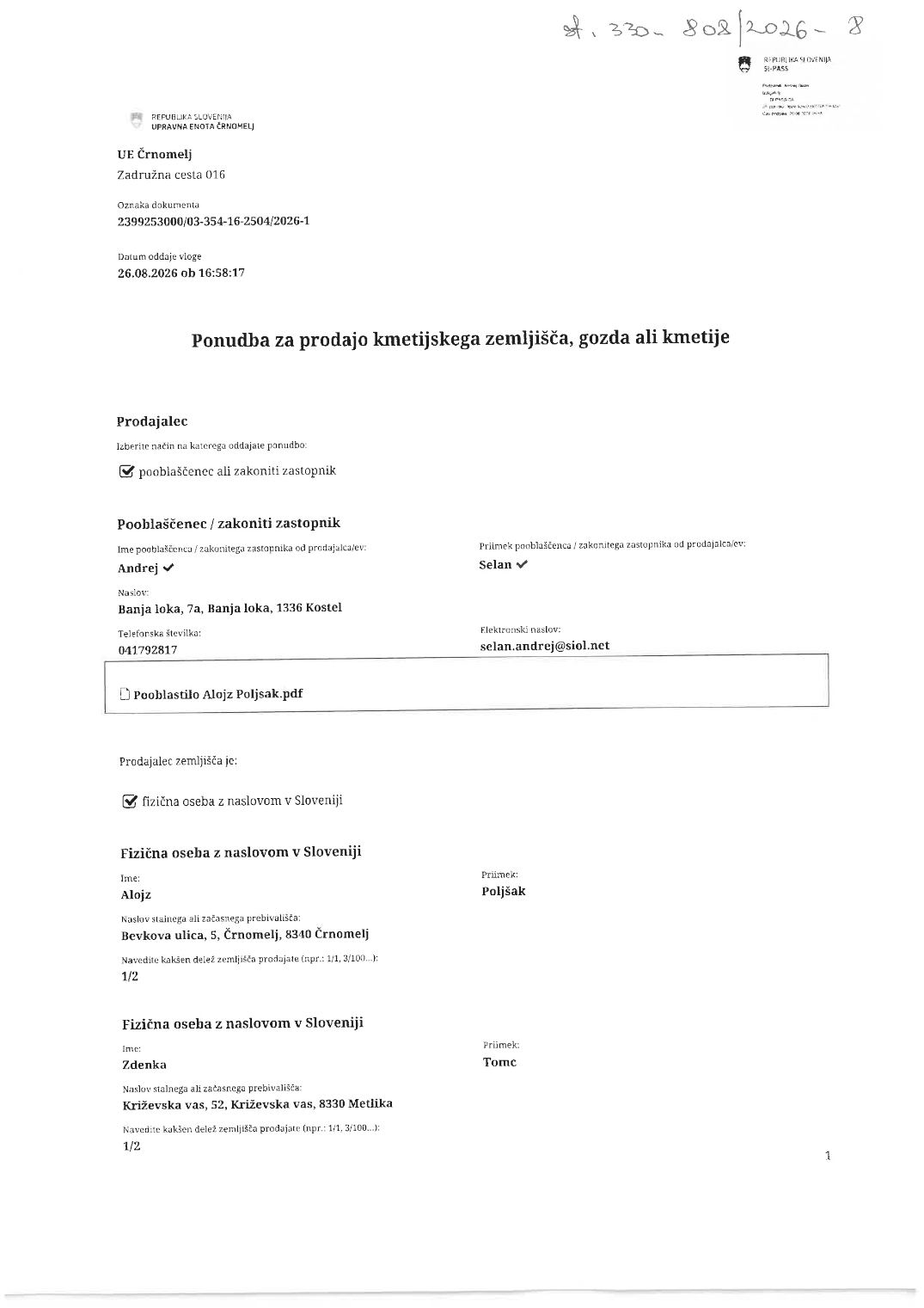 Prva stran objavljene ponudbe, kot jo je oddal prodajalec upravni enoti.