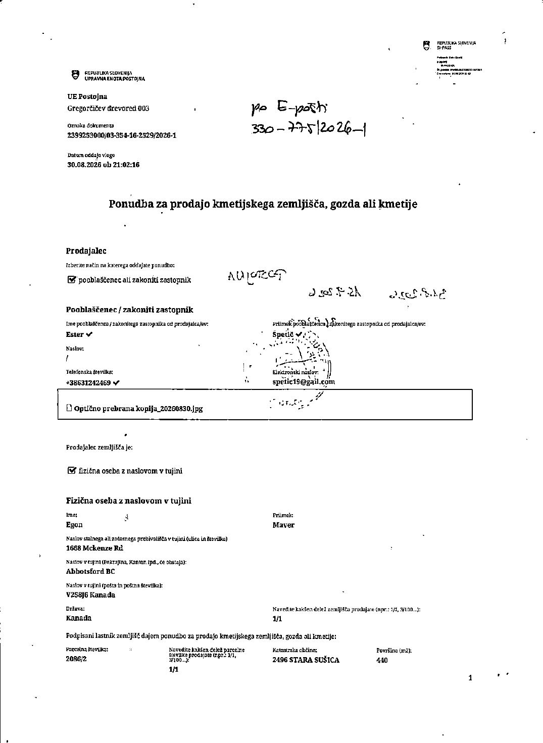 Prva stran objavljene ponudbe, kot jo je oddal prodajalec upravni enoti.
