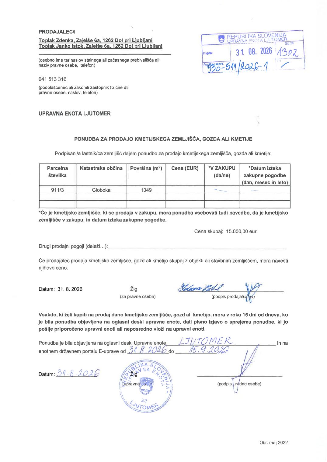 Prva stran objavljene ponudbe, kot jo je oddal prodajalec upravni enoti.