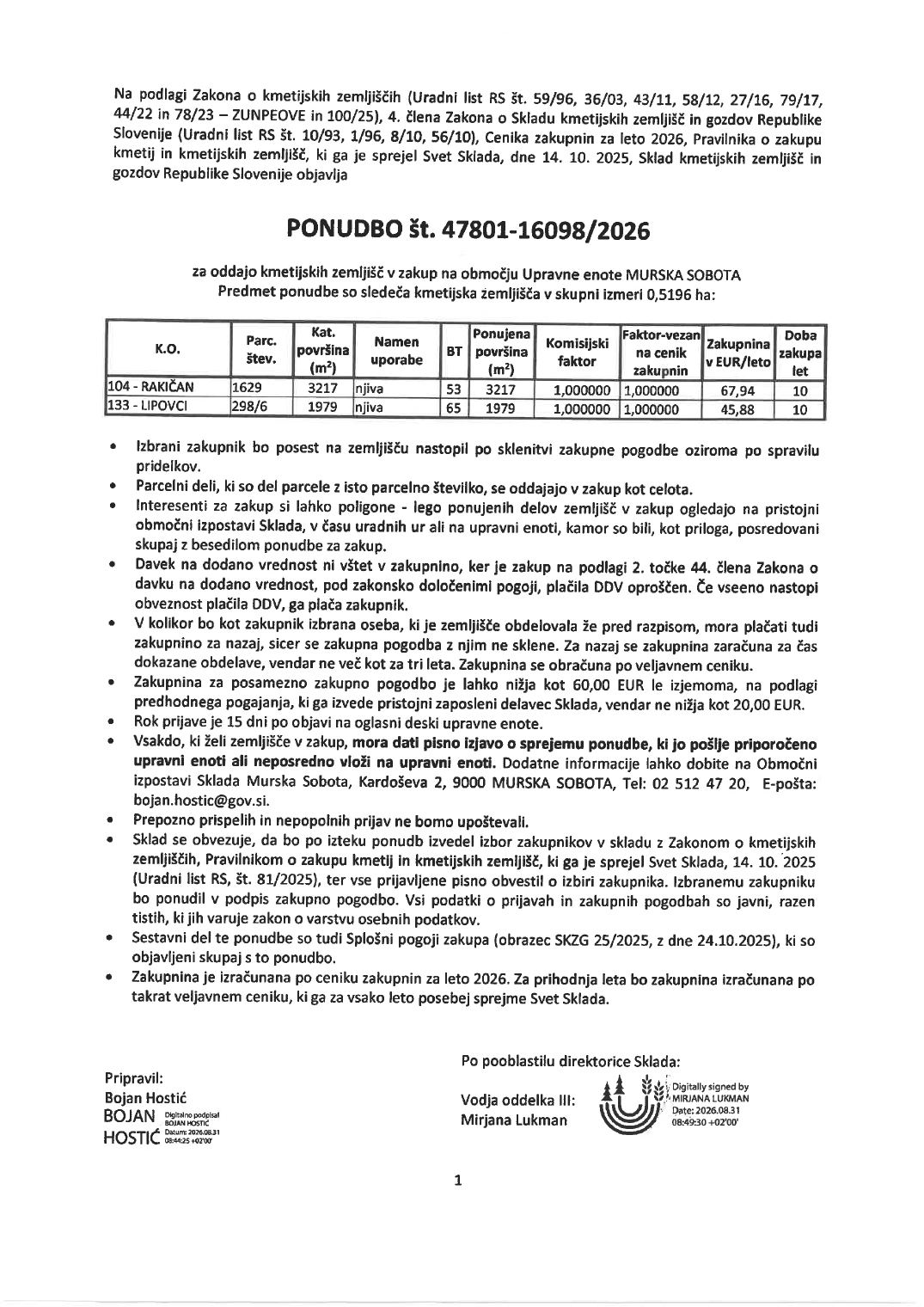 Prva stran objavljene ponudbe, kot jo je oddal prodajalec upravni enoti.