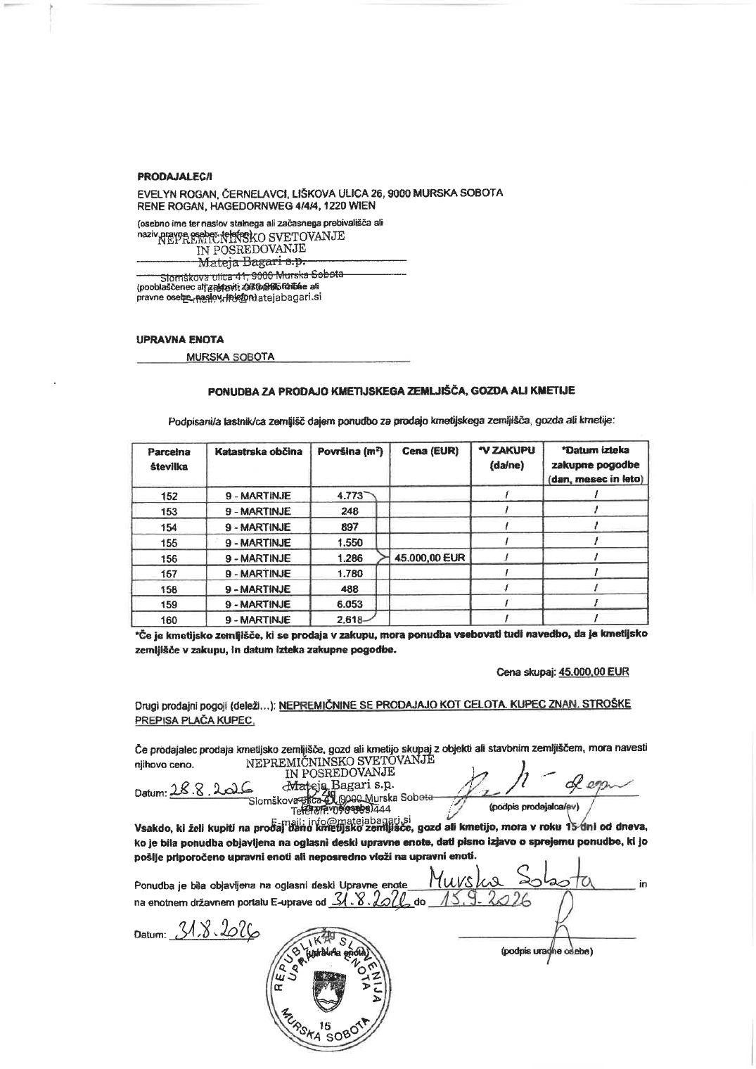 Prva stran objavljene ponudbe, kot jo je oddal prodajalec upravni enoti.
