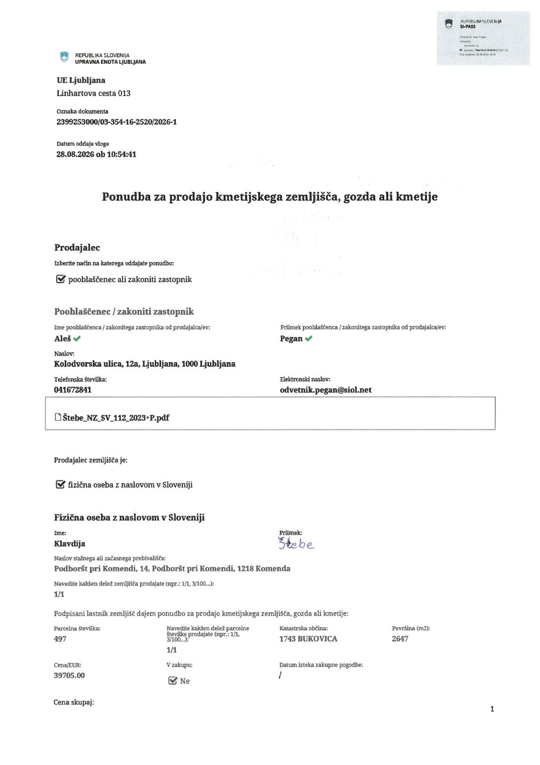 Prva stran objavljene ponudbe, kot jo je oddal prodajalec upravni enoti.