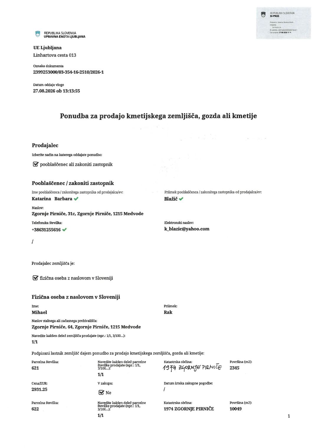 Prva stran objavljene ponudbe, kot jo je oddal prodajalec upravni enoti.