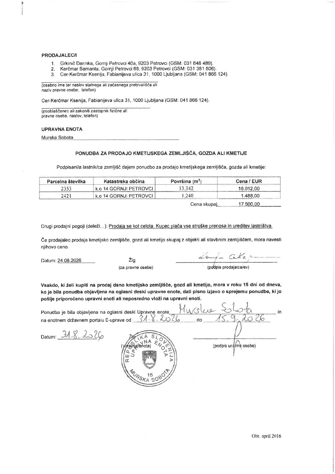 Prva stran objavljene ponudbe, kot jo je oddal prodajalec upravni enoti.