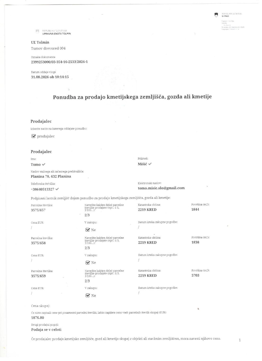 Prva stran objavljene ponudbe, kot jo je oddal prodajalec upravni enoti.