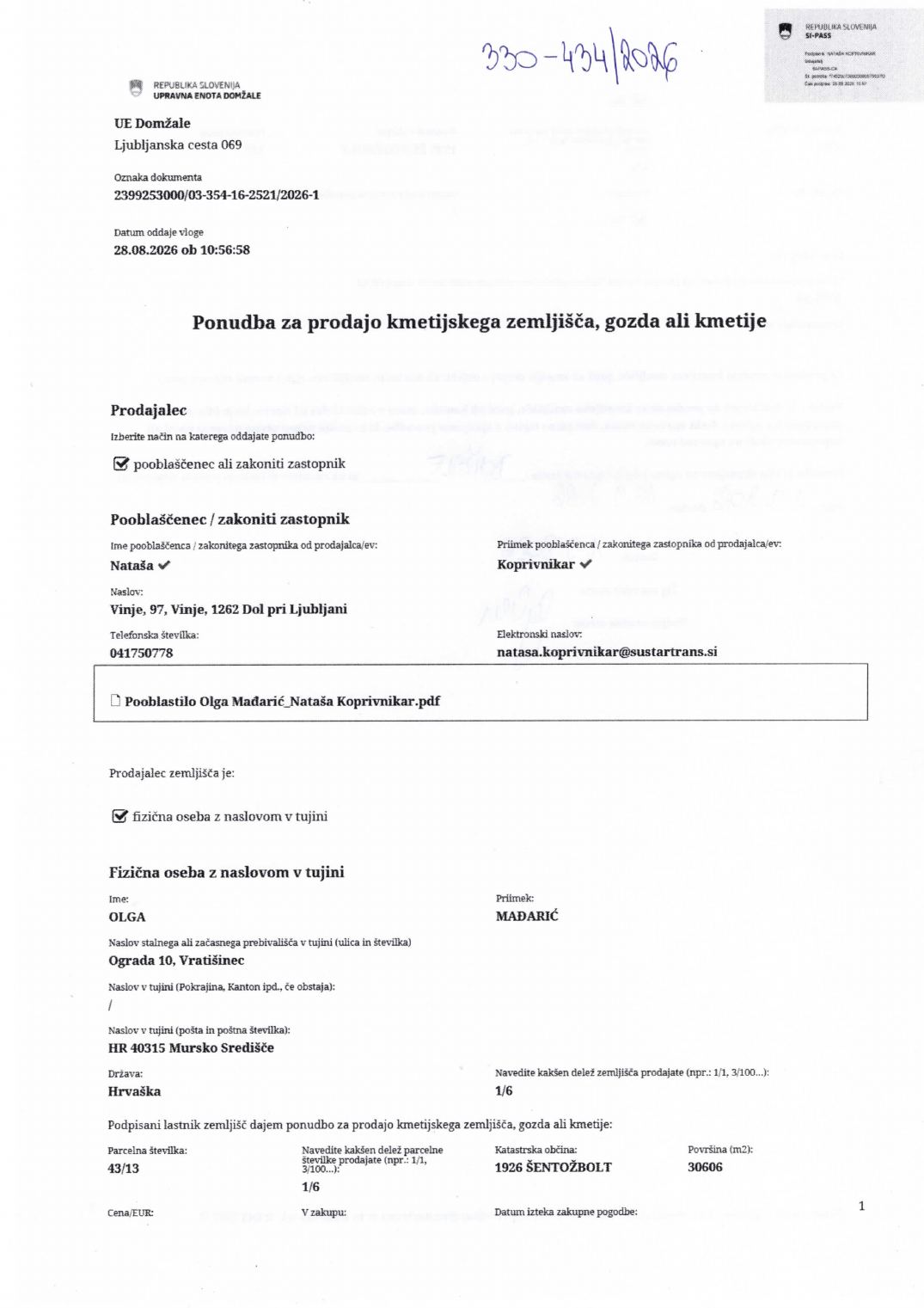 Prva stran objavljene ponudbe, kot jo je oddal prodajalec upravni enoti.