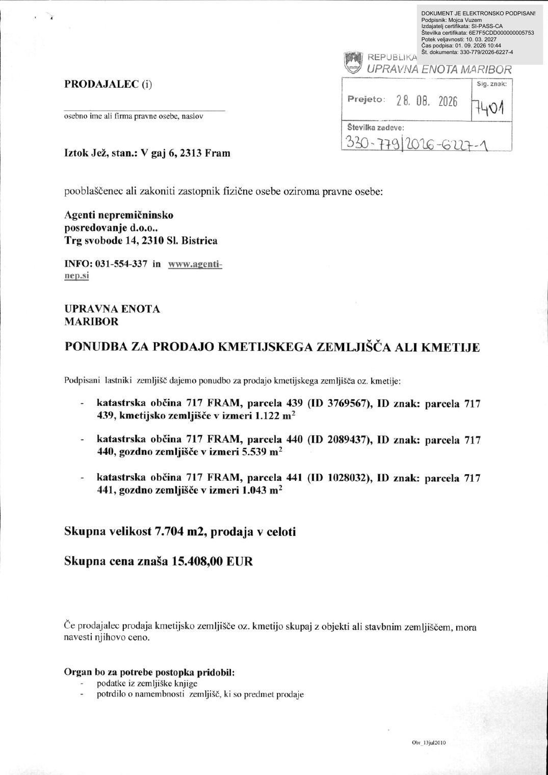 Prva stran objavljene ponudbe, kot jo je oddal prodajalec upravni enoti.