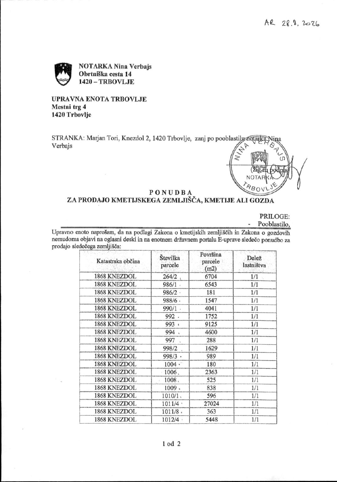 Prva stran objavljene ponudbe, kot jo je oddal prodajalec upravni enoti.