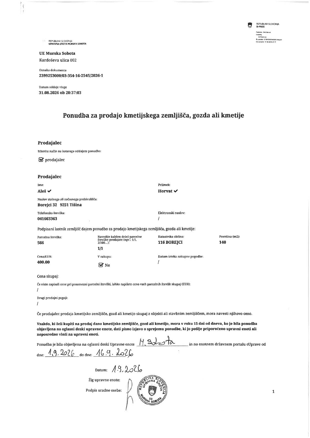 Prva stran objavljene ponudbe, kot jo je oddal prodajalec upravni enoti.