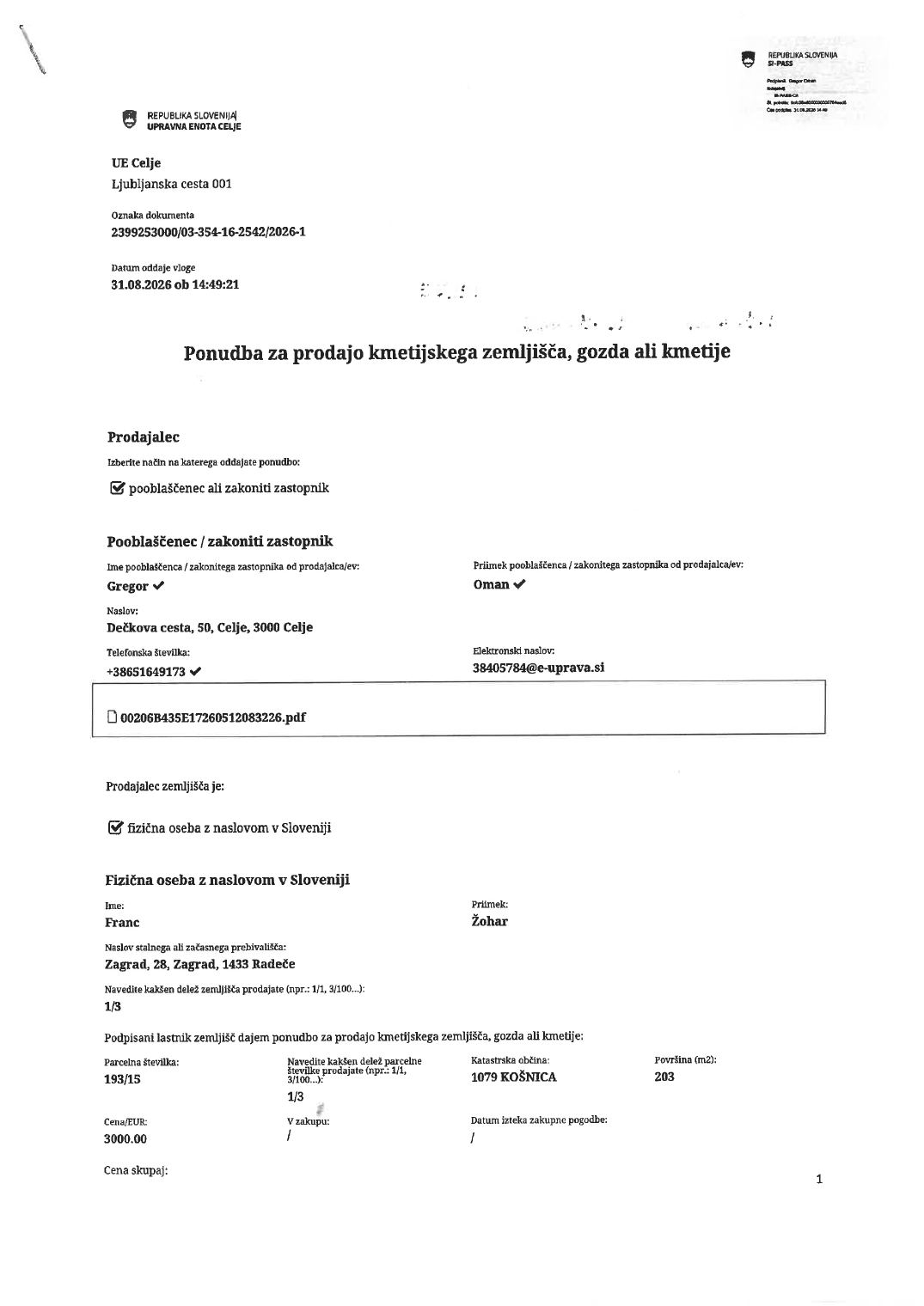 Prva stran objavljene ponudbe, kot jo je oddal prodajalec upravni enoti.