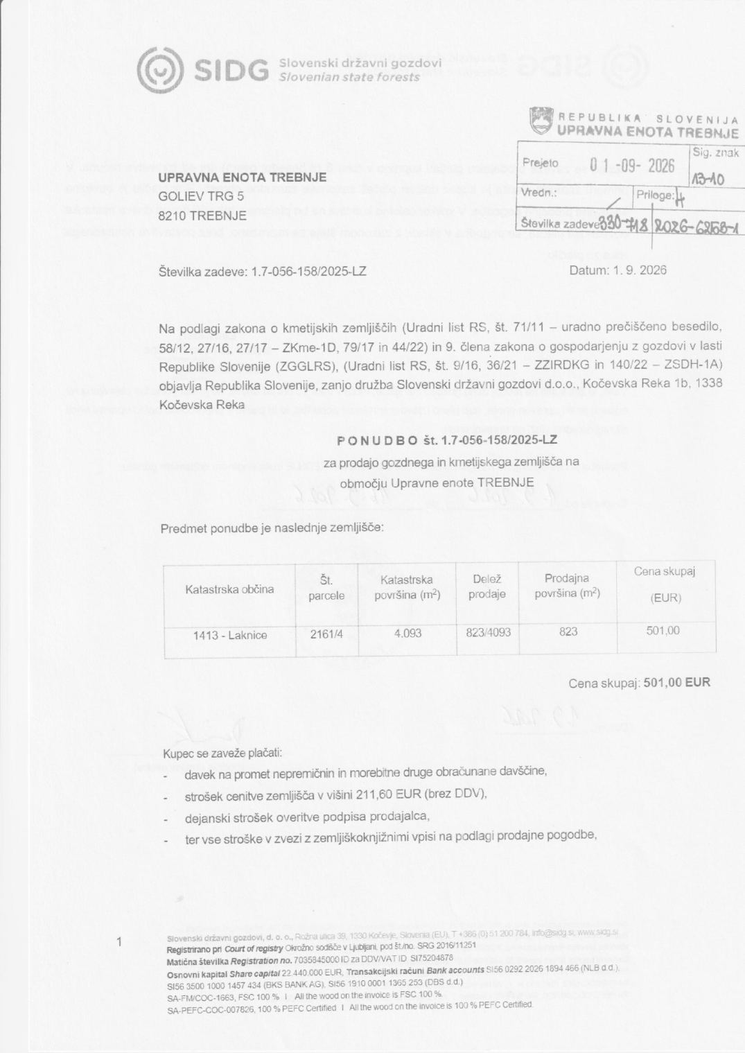 Prva stran objavljene ponudbe, kot jo je oddal prodajalec upravni enoti.