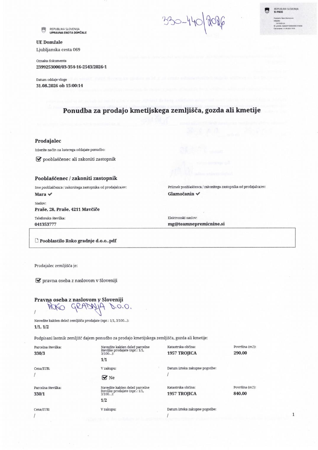 Prva stran objavljene ponudbe, kot jo je oddal prodajalec upravni enoti.