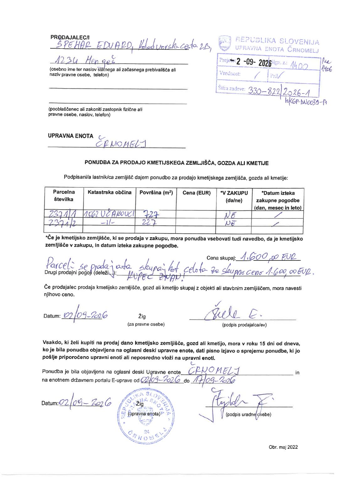Prva stran objavljene ponudbe, kot jo je oddal prodajalec upravni enoti.