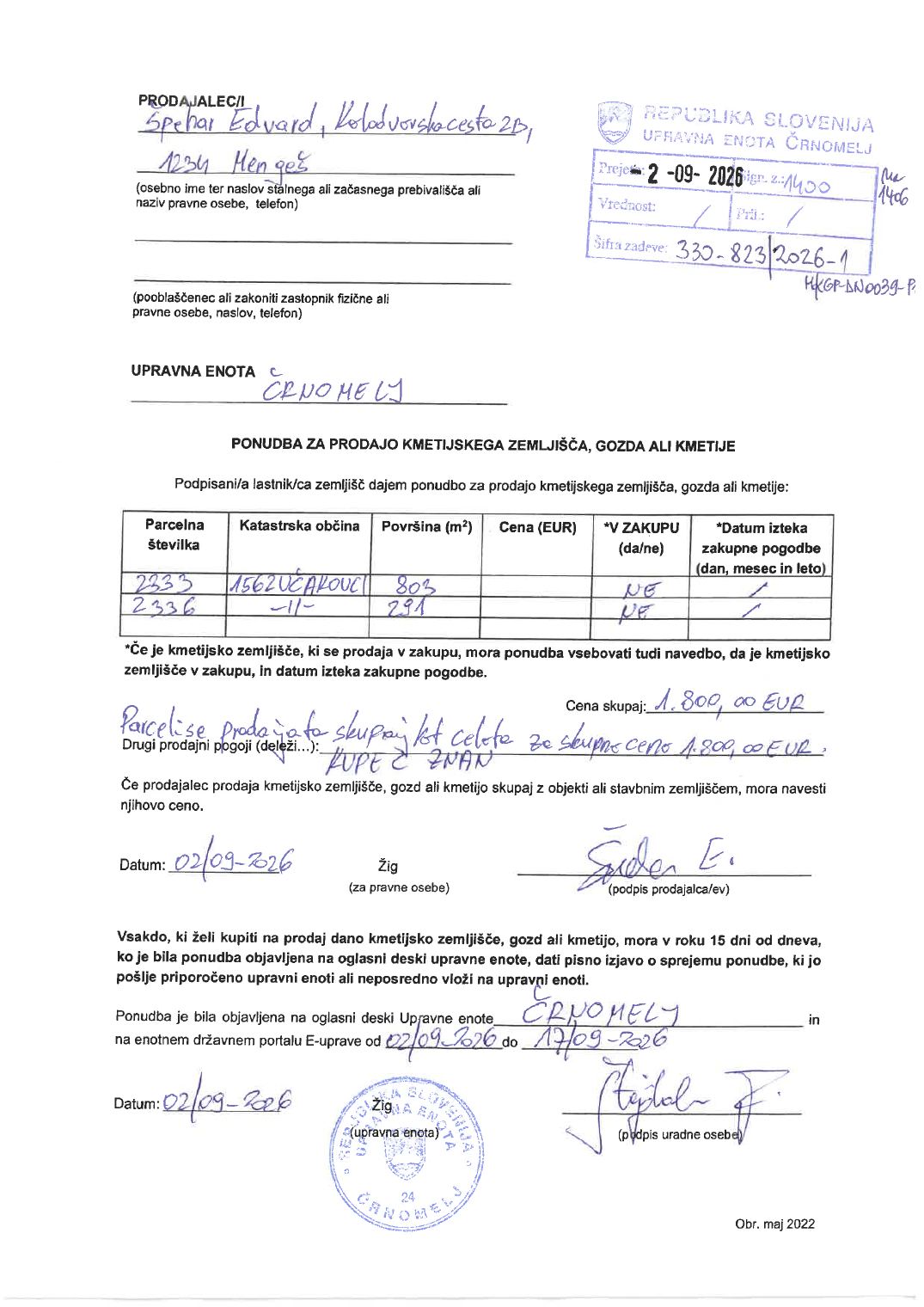 Prva stran objavljene ponudbe, kot jo je oddal prodajalec upravni enoti.