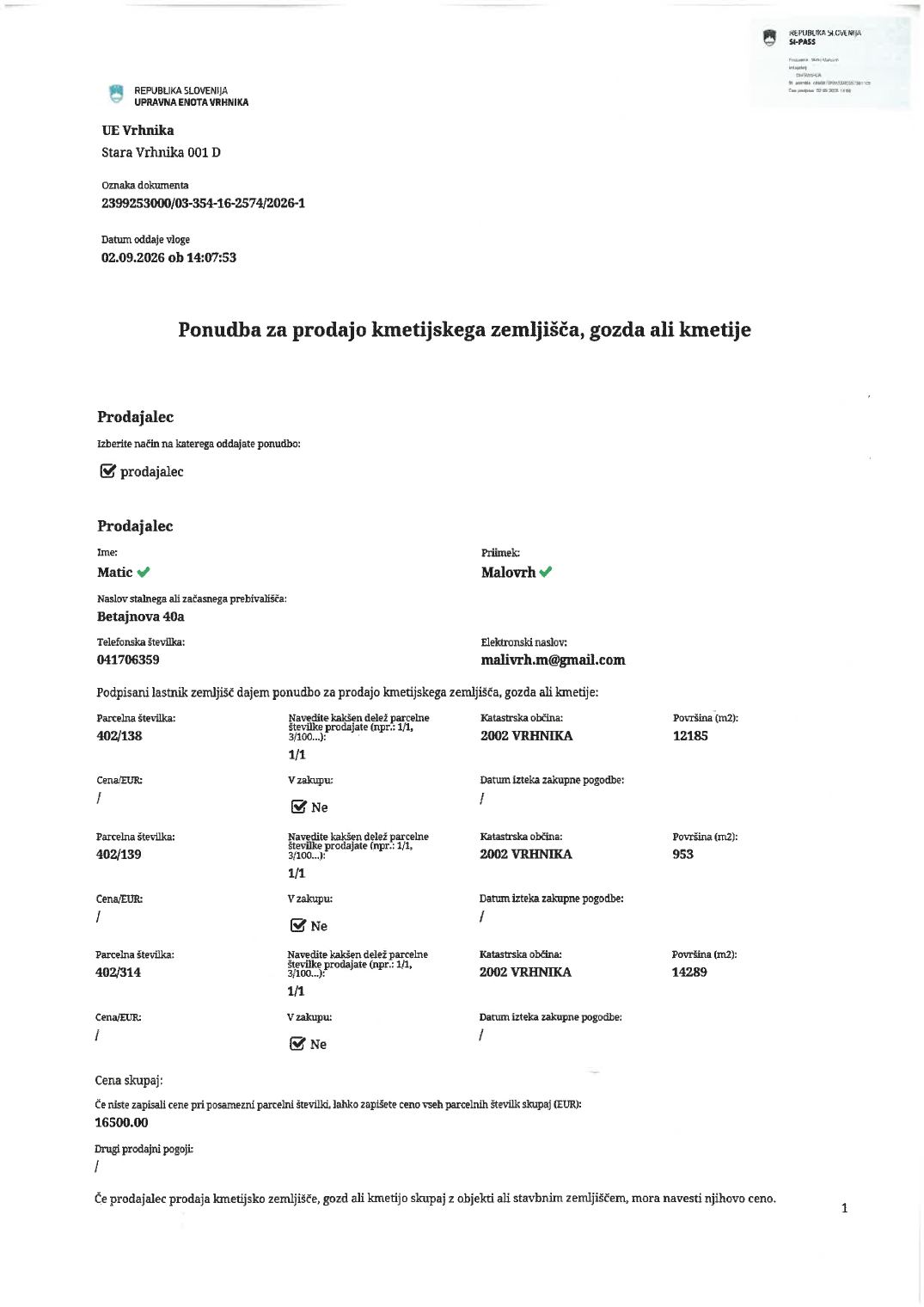 Prva stran objavljene ponudbe, kot jo je oddal prodajalec upravni enoti.