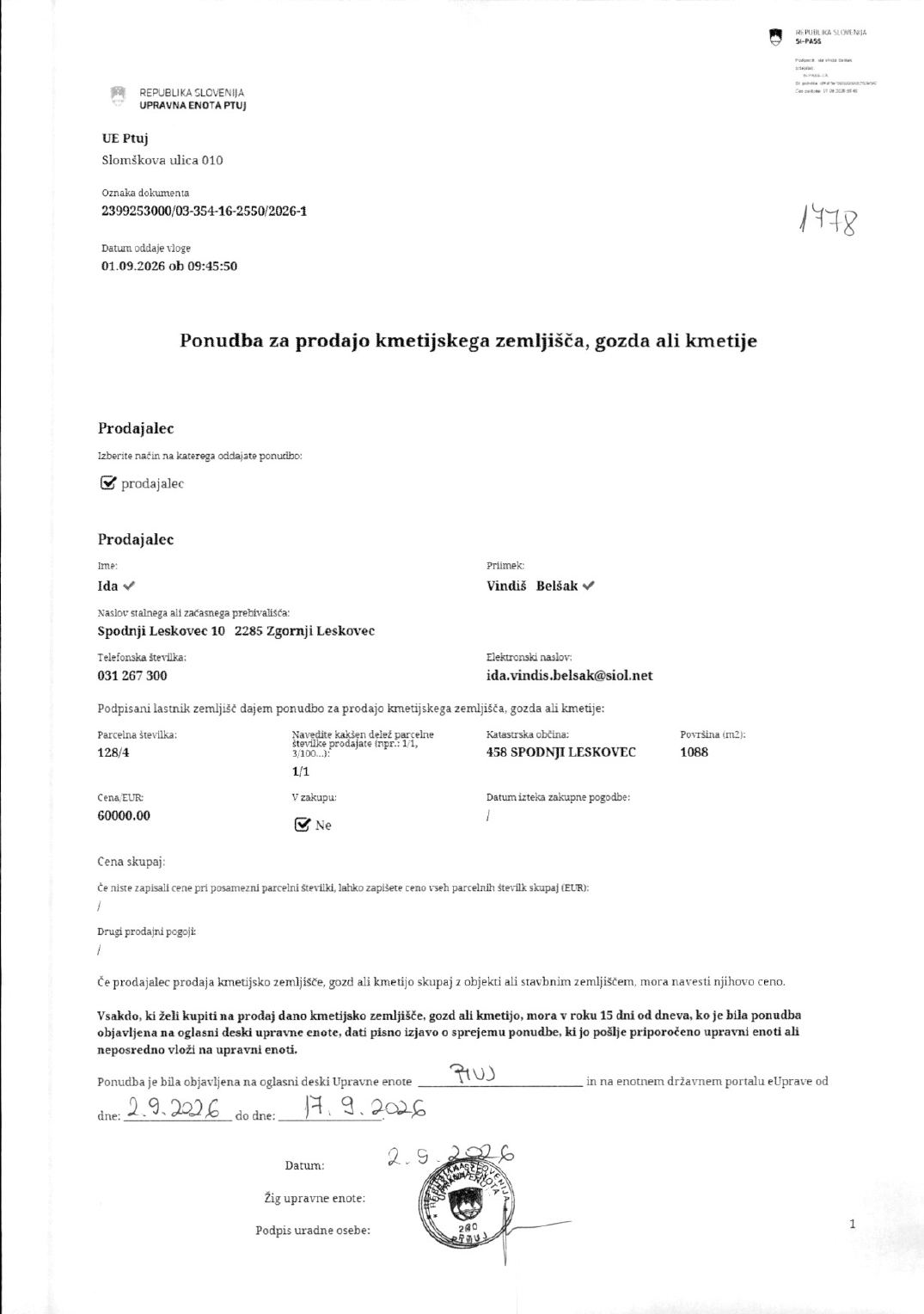 Prva stran objavljene ponudbe, kot jo je oddal prodajalec upravni enoti.