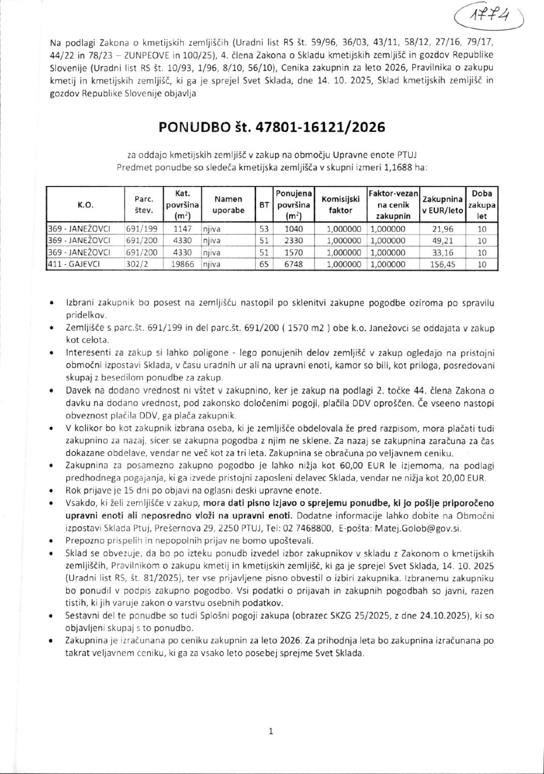 Prva stran objavljene ponudbe, kot jo je oddal prodajalec upravni enoti.