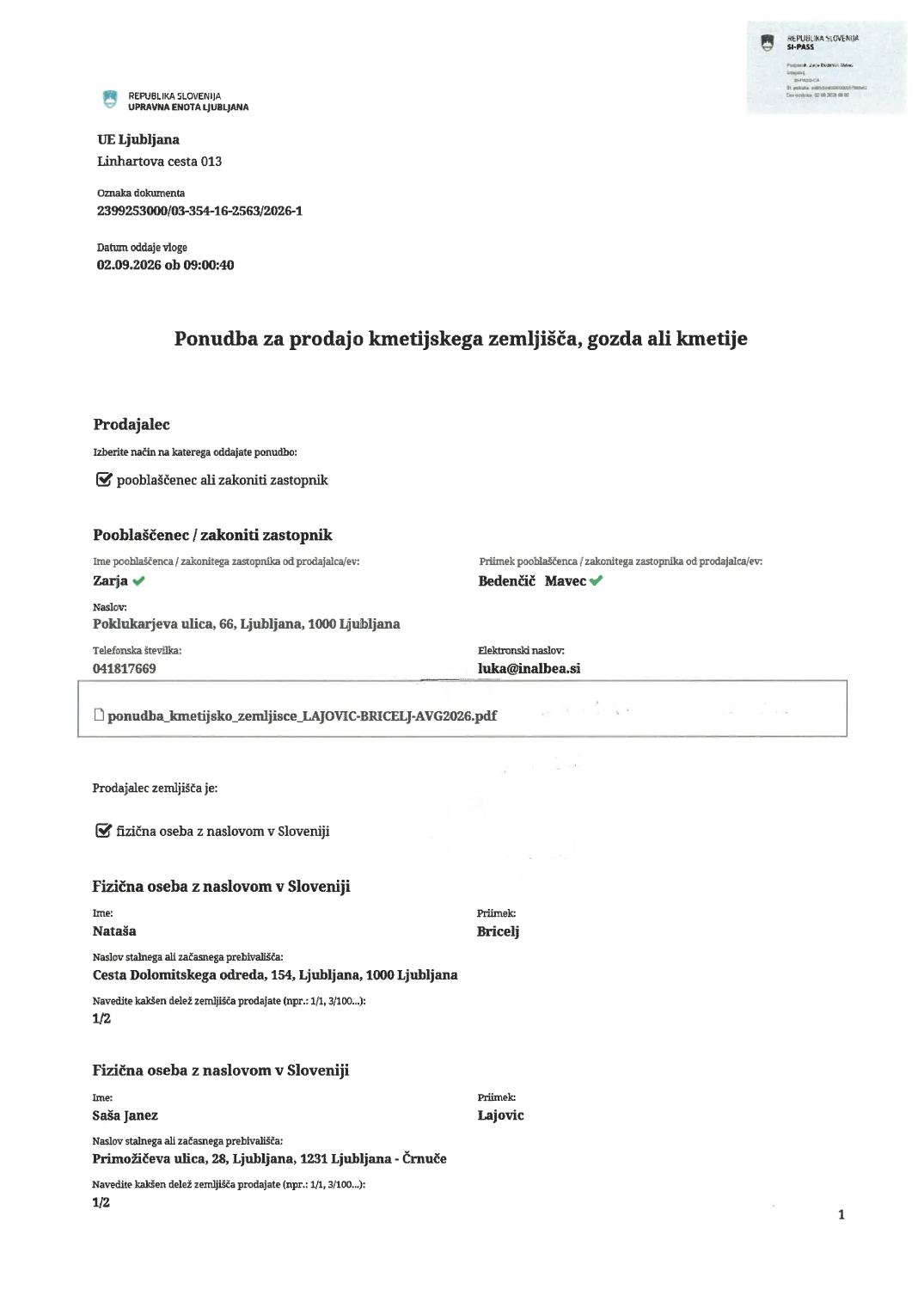 Prva stran objavljene ponudbe, kot jo je oddal prodajalec upravni enoti.