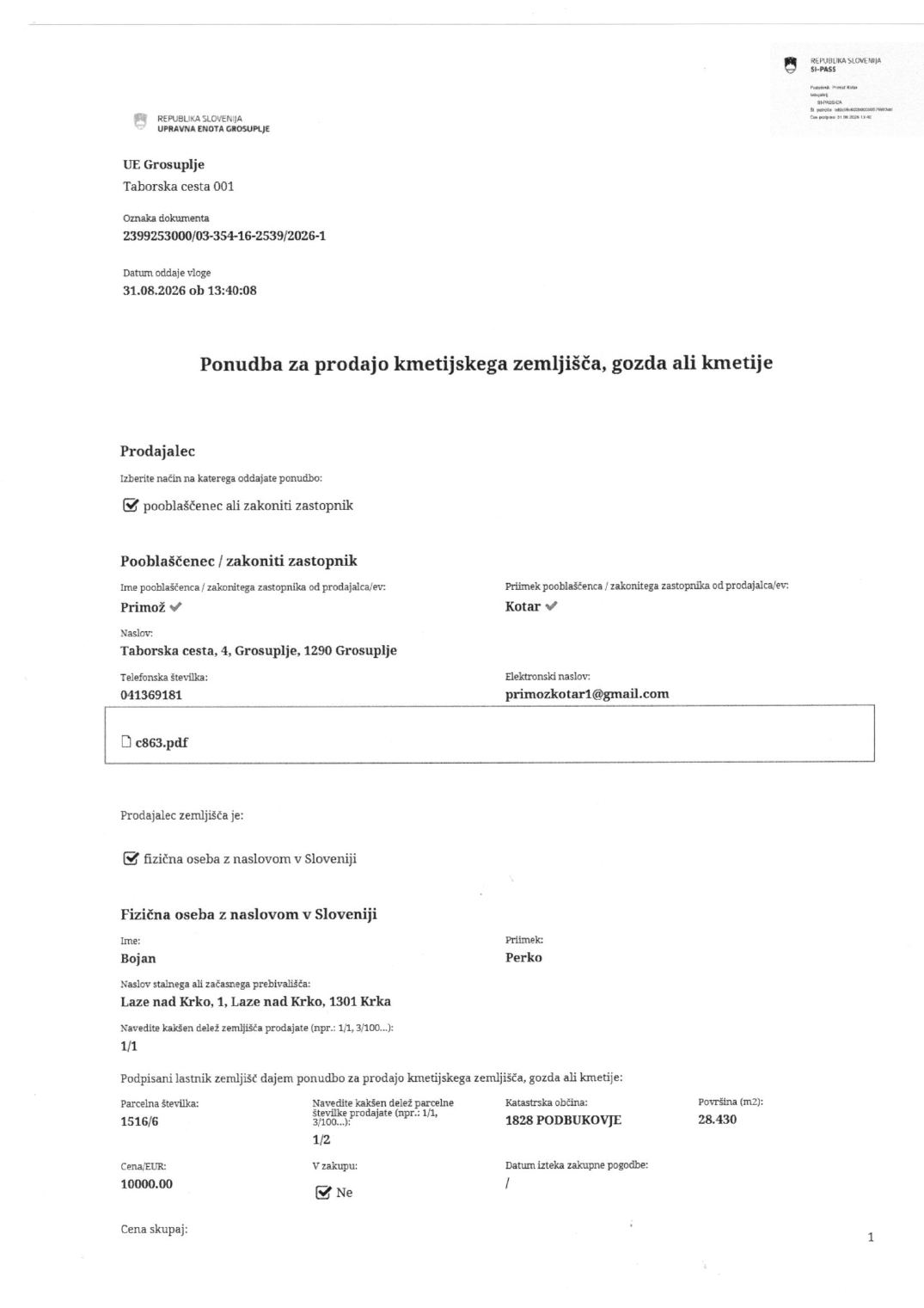 Prva stran objavljene ponudbe, kot jo je oddal prodajalec upravni enoti.