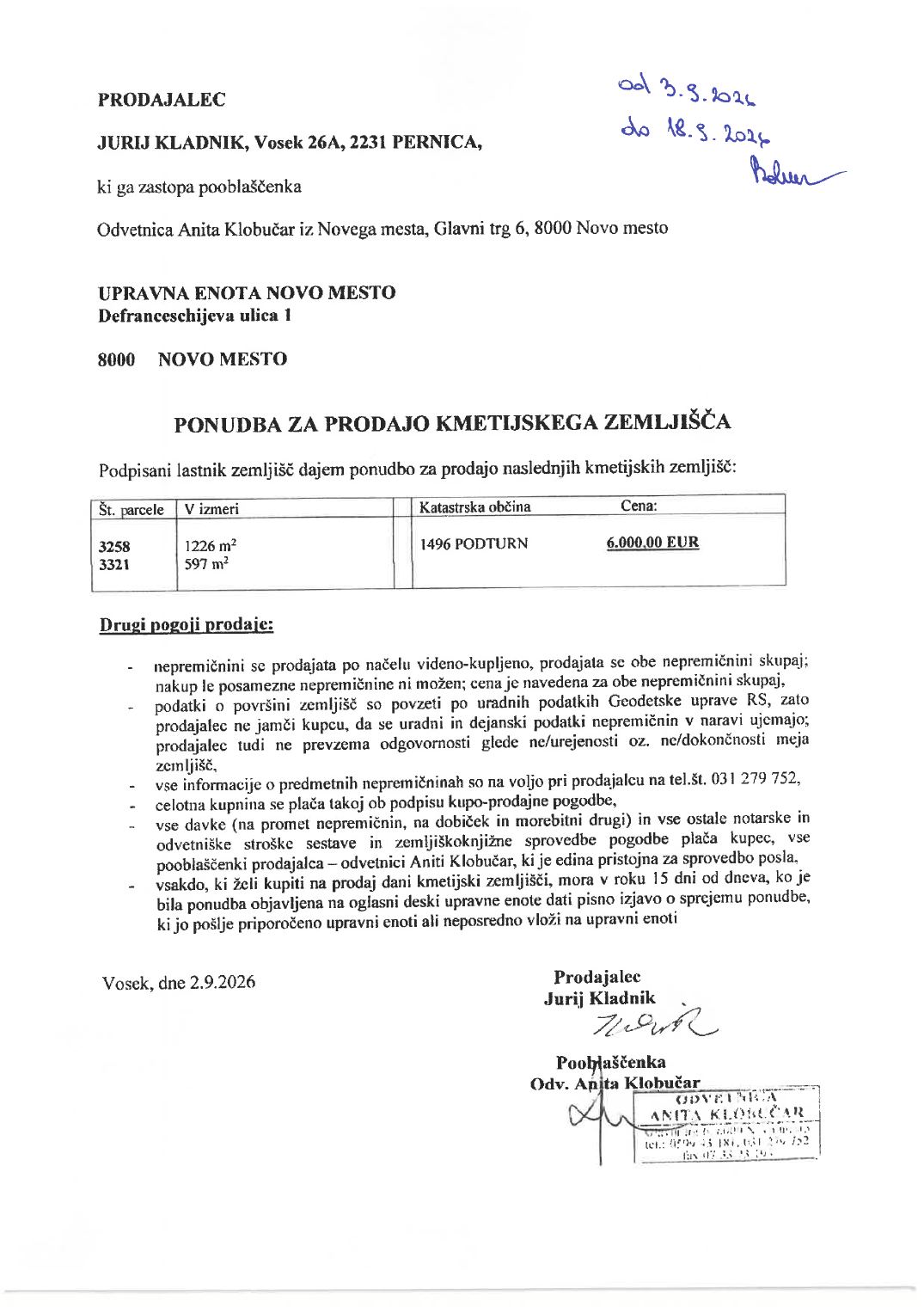 Prva stran objavljene ponudbe, kot jo je oddal prodajalec upravni enoti.