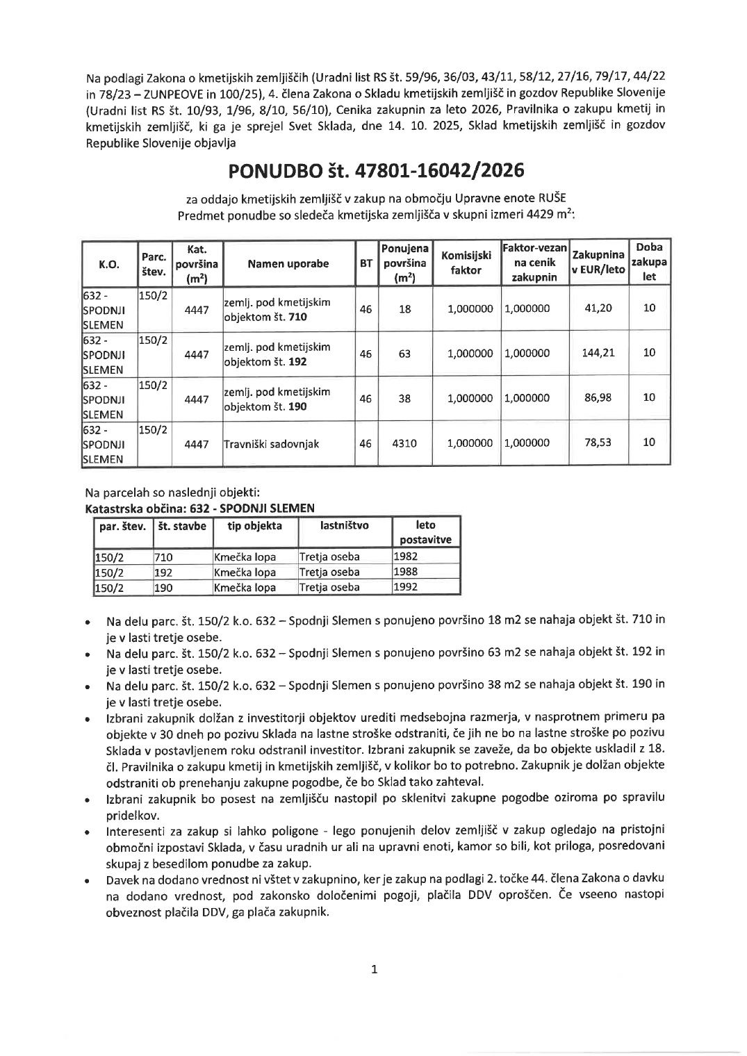 Prva stran objavljene ponudbe, kot jo je oddal prodajalec upravni enoti.