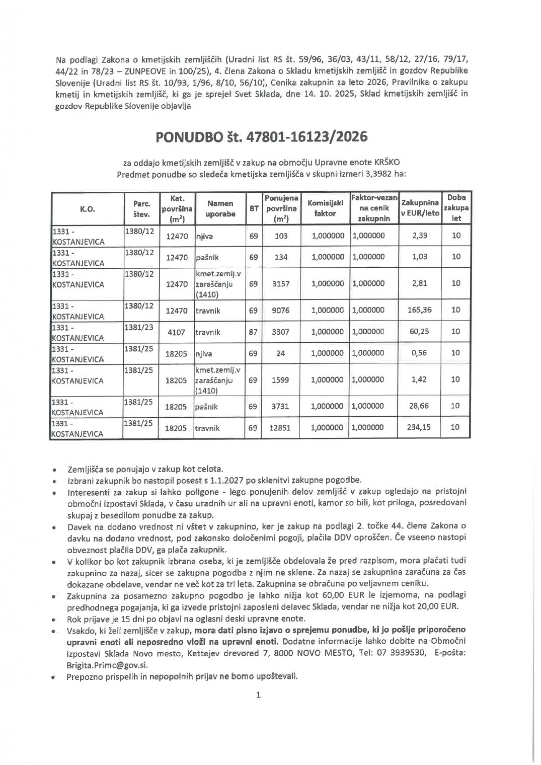 Prva stran objavljene ponudbe, kot jo je oddal prodajalec upravni enoti.
