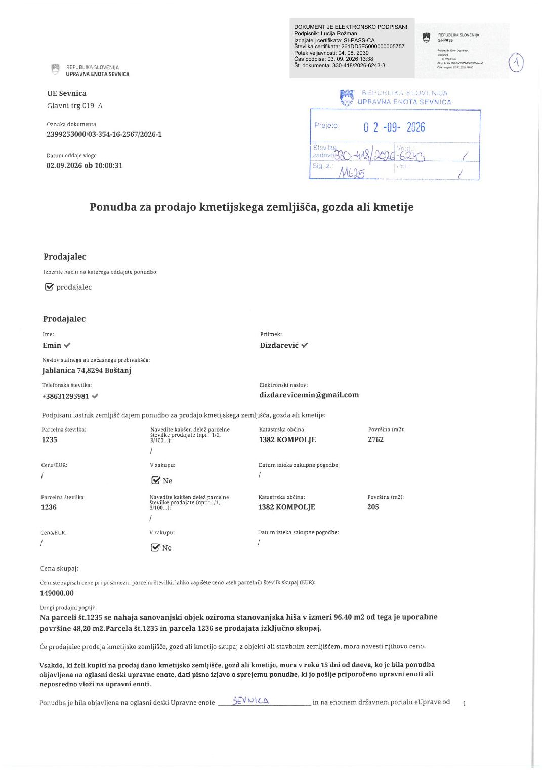 Prva stran objavljene ponudbe, kot jo je oddal prodajalec upravni enoti.