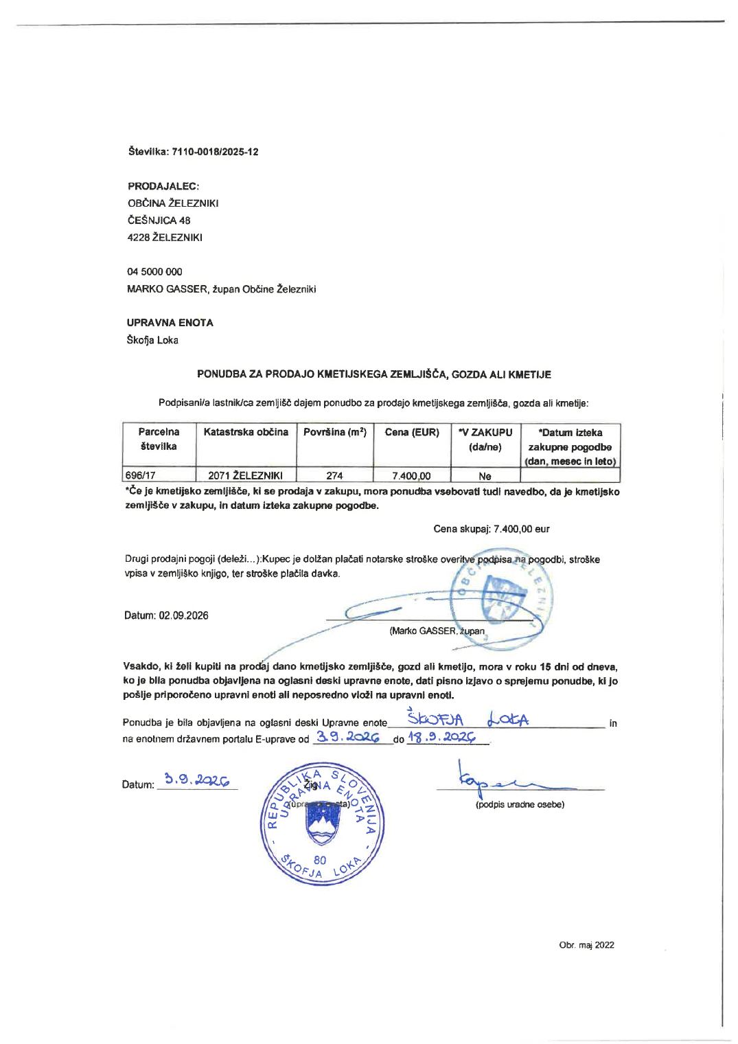 Prva stran objavljene ponudbe, kot jo je oddal prodajalec upravni enoti.