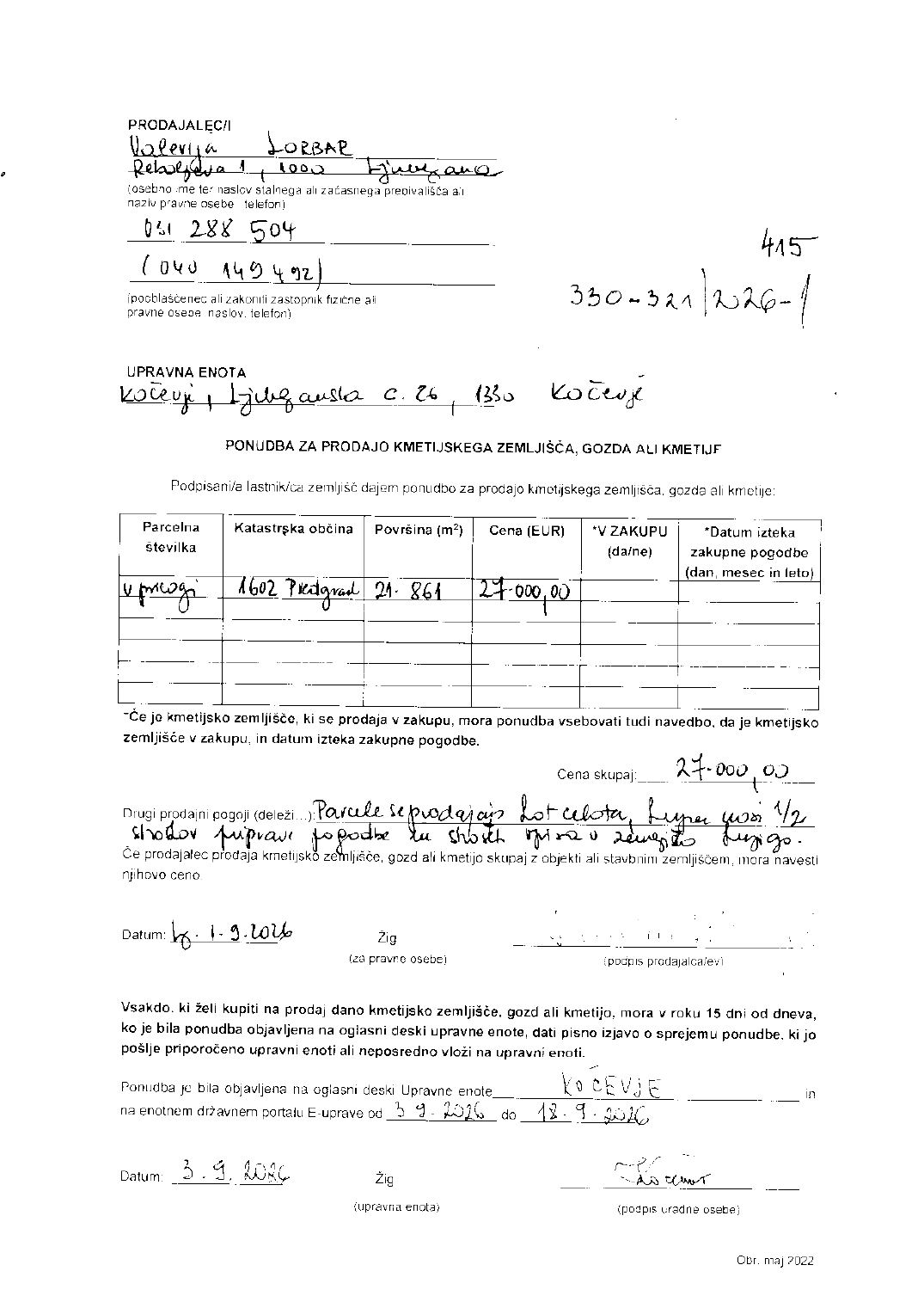 Prva stran objavljene ponudbe, kot jo je oddal prodajalec upravni enoti.