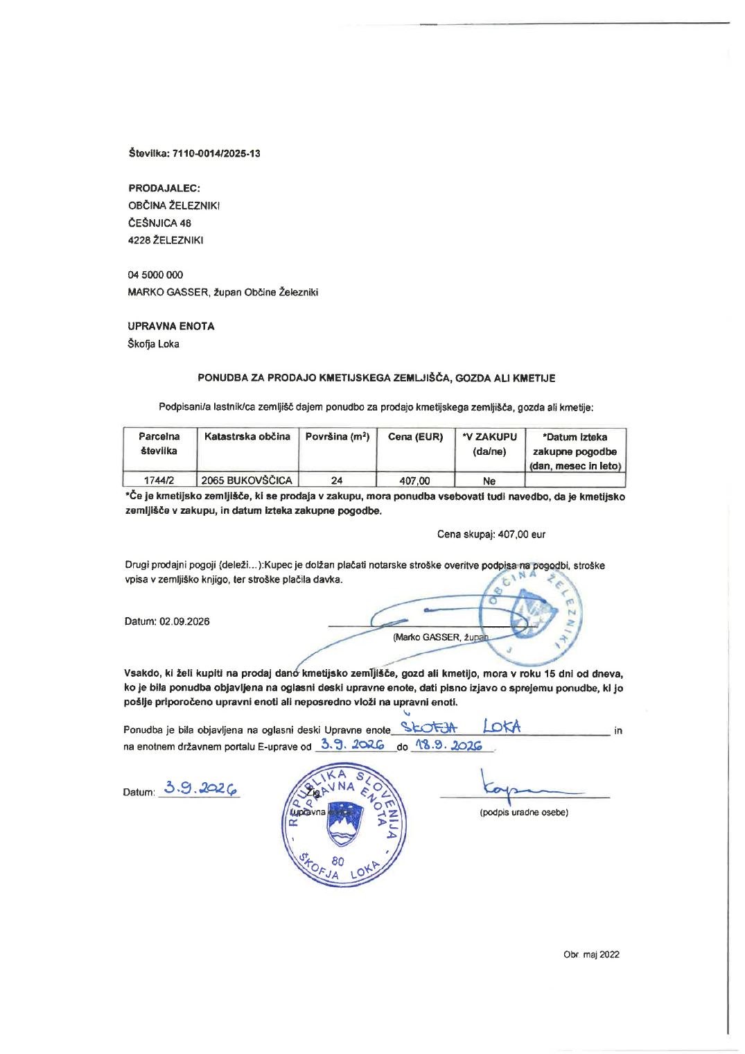 Prva stran objavljene ponudbe, kot jo je oddal prodajalec upravni enoti.