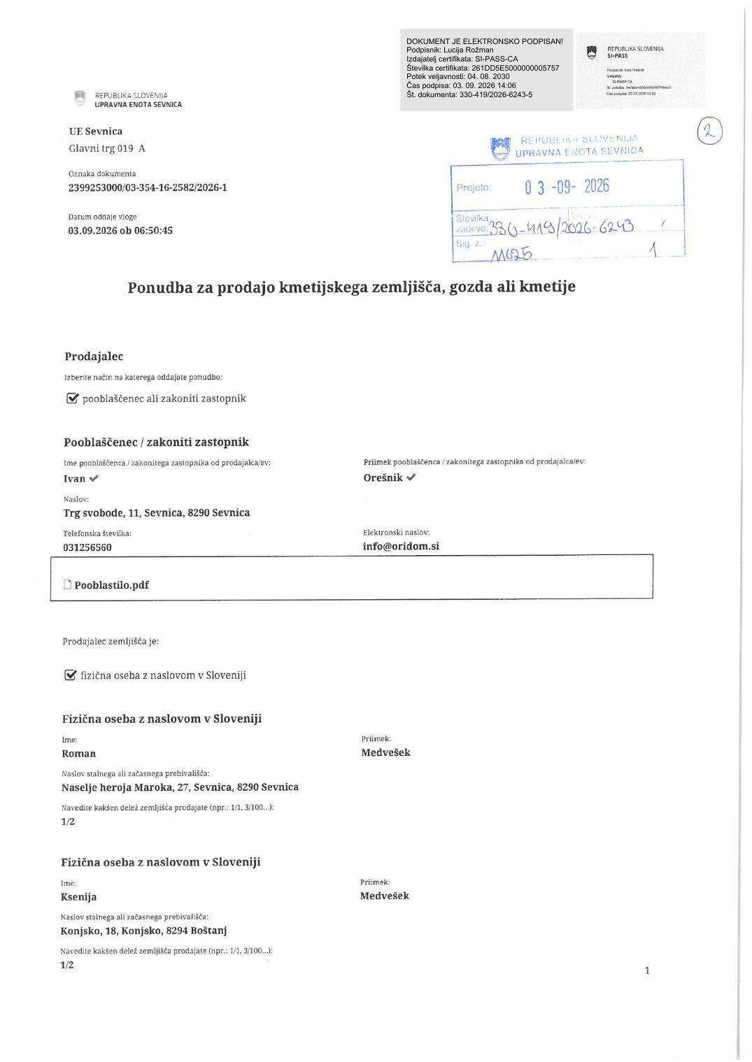 Prva stran objavljene ponudbe, kot jo je oddal prodajalec upravni enoti.