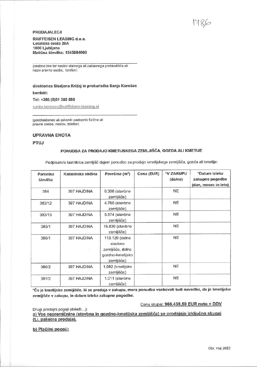 Prva stran objavljene ponudbe, kot jo je oddal prodajalec upravni enoti.