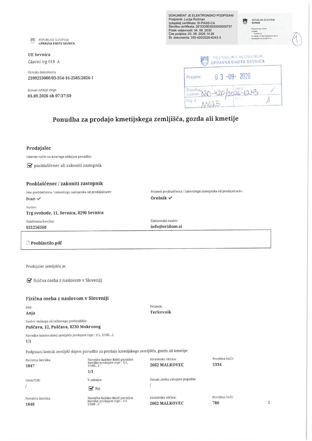 Prva stran objavljene ponudbe, kot jo je oddal prodajalec upravni enoti.