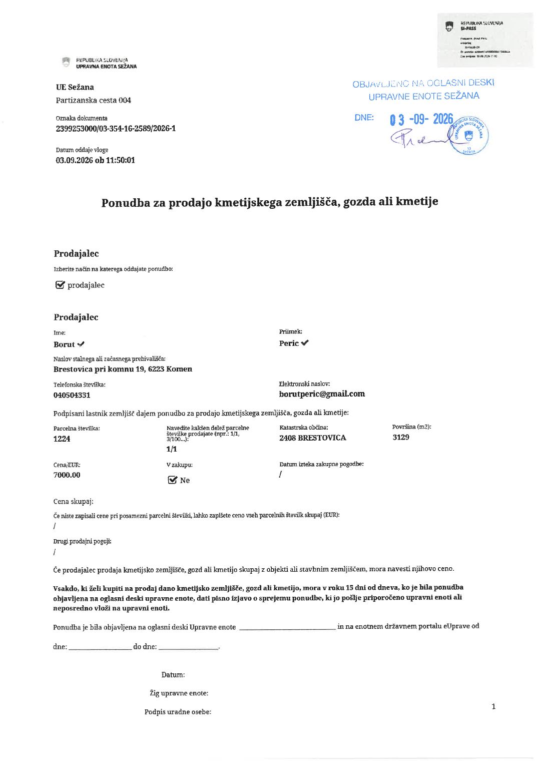 Prva stran objavljene ponudbe, kot jo je oddal prodajalec upravni enoti.