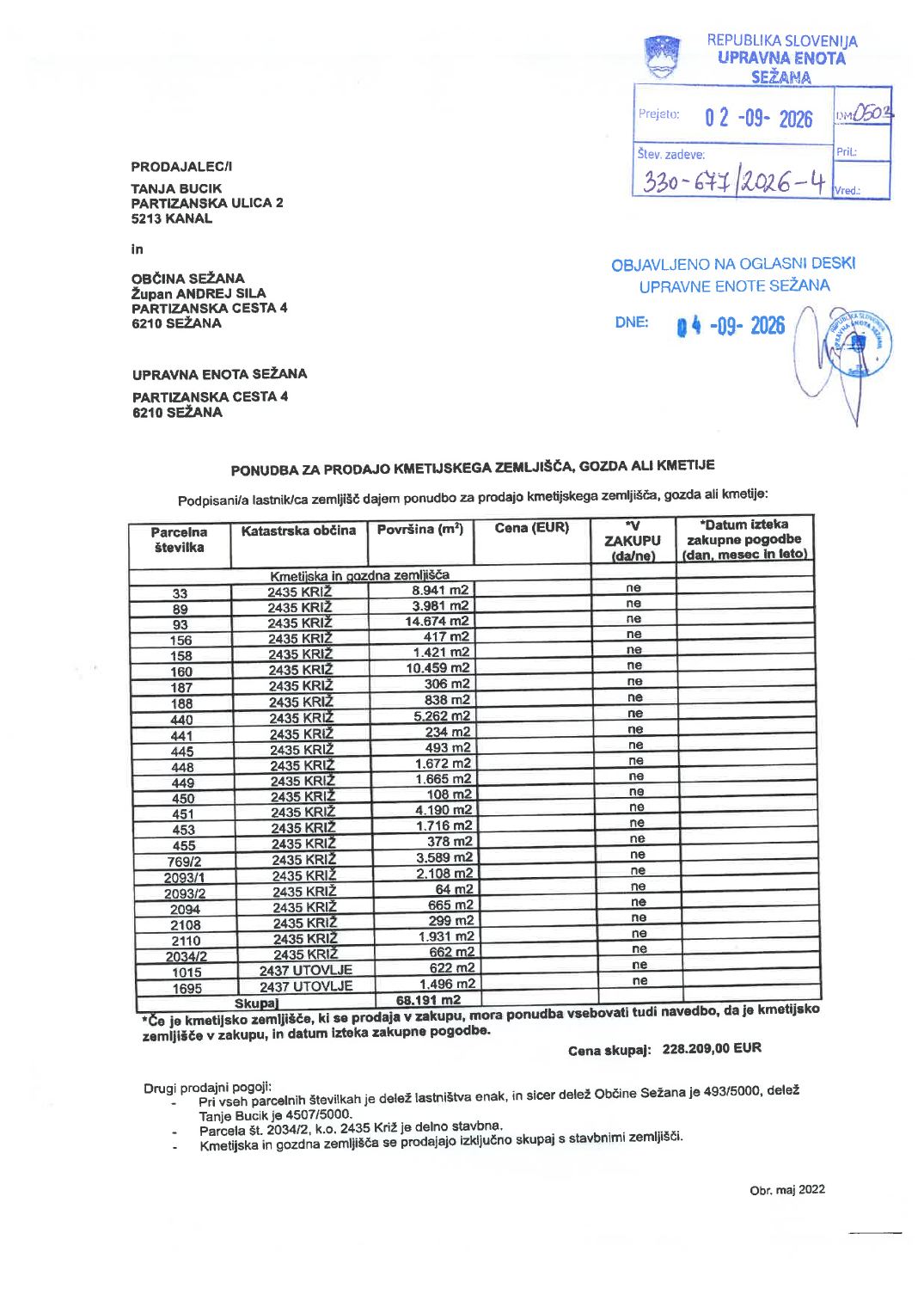 Prva stran objavljene ponudbe, kot jo je oddal prodajalec upravni enoti.