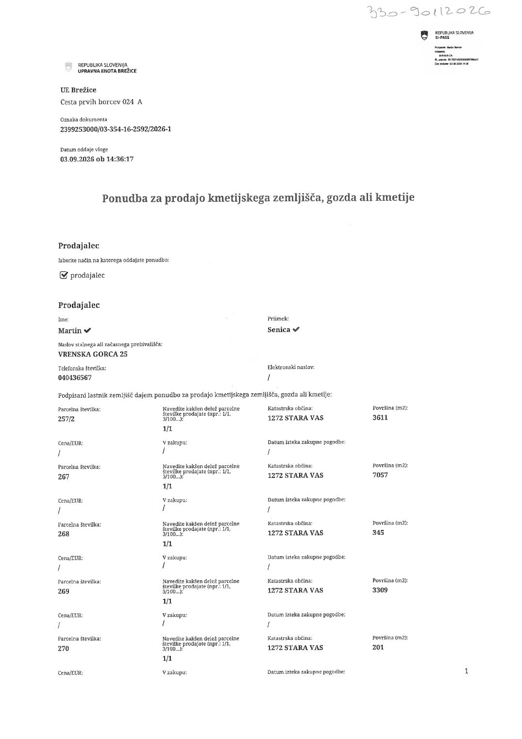 Prva stran objavljene ponudbe, kot jo je oddal prodajalec upravni enoti.