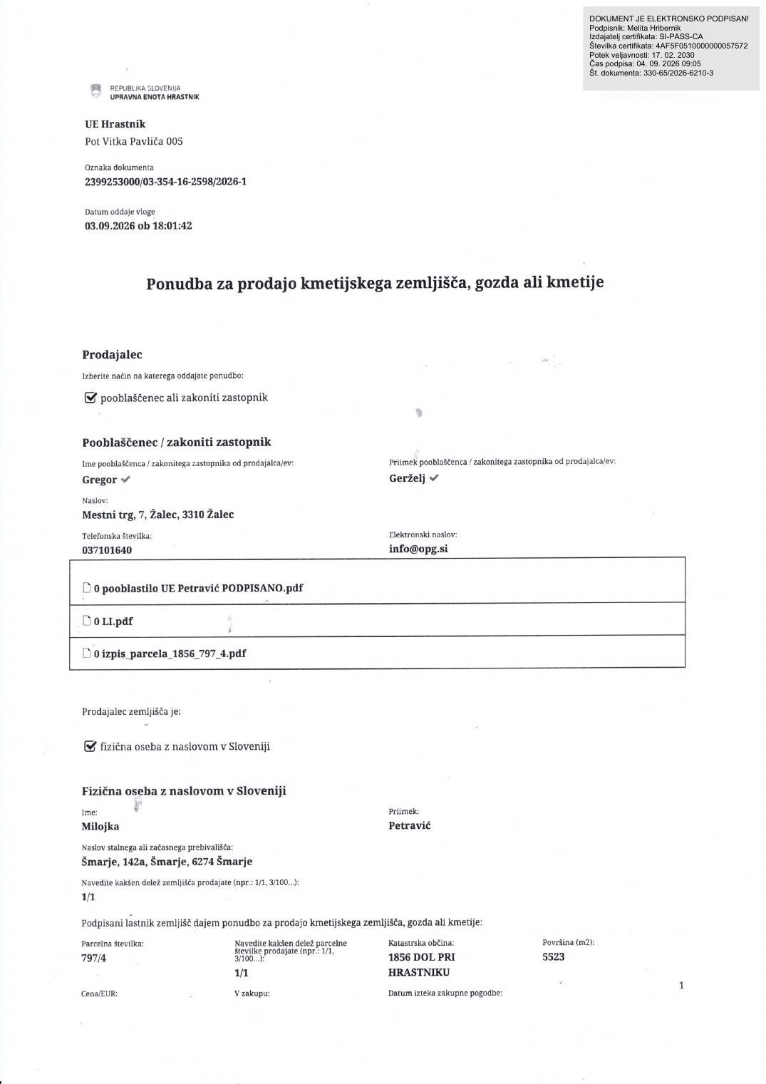 Prva stran objavljene ponudbe, kot jo je oddal prodajalec upravni enoti.